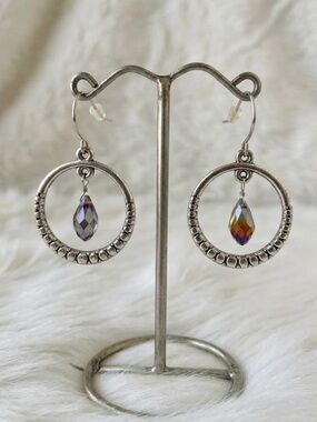 Silver Tone Hoop Drop Earrings Iridescent Crystal Teardrop Dangle